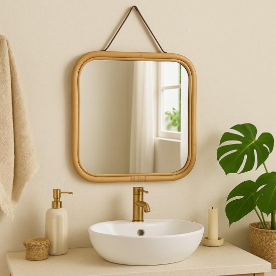 Peru Wall Mirror - Rattan Square Frame - Leather Hanging Strap - 81cm