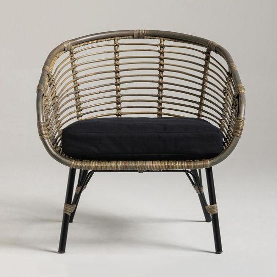 Club Accent Chair - Black Cushioned Seat - Natural Cane Frame