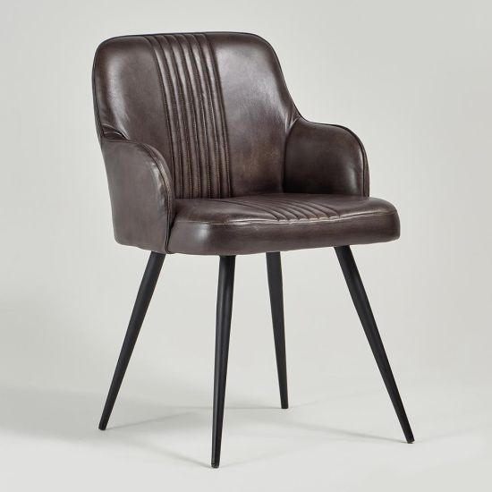 Ancoats Dining Chair - Grey Real Leather Seat - Black Metal Base