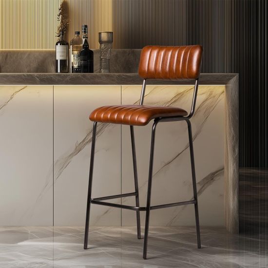 Diner Bar Stool - Tan Real Leather Seat - Grey Metal Frame - 75cm