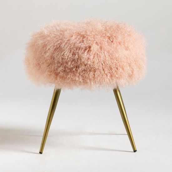 Mongolian Low Stool - Dusty Pink Fur Round Seat - Gold Pencil Legs