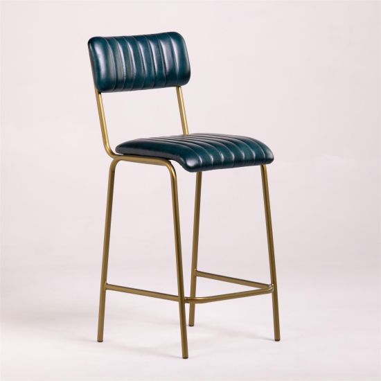 Diner Bar Stool - Blue Real Leather Seat - Antique Brass Metal Frame - 66cm