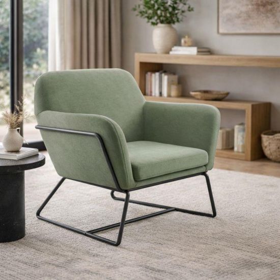 Troy Armchair - Sage Green Velvet Fabric Seat - Matt Black Metal Frame