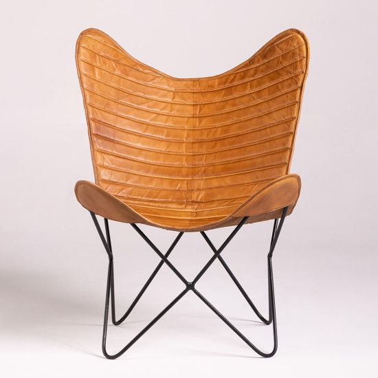 Butterfly Accent Chair - Tan Ribbed Real Leather Seat - Black Base