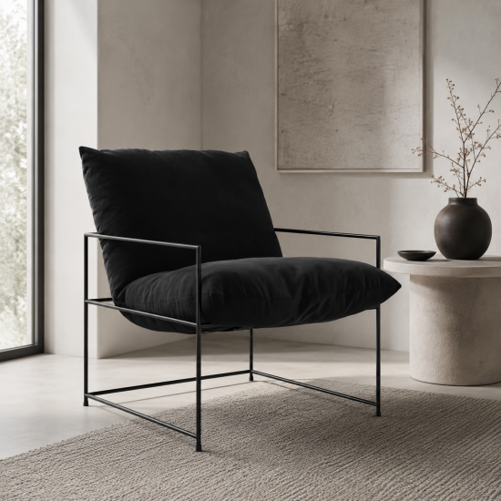 Parker Accent Chair - Black Velvet Cushion Seat - Black Metal Frame