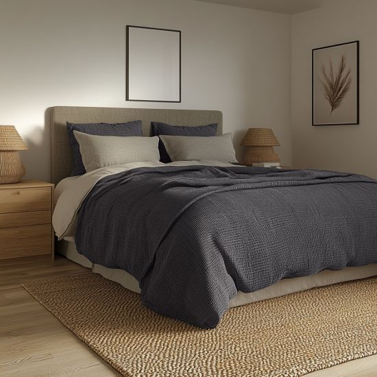Dark Grey Waffle Cotton Bedding Set - King Size