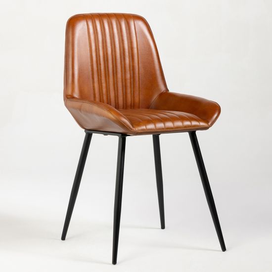 Brooklyn Dining Chair - Tan Real Leather Seat - Black Base
