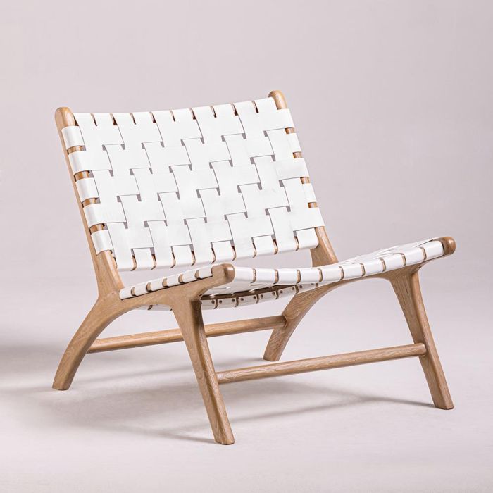 London Lazy Chair - White Leather Straps - Teak Base | Where Saints Go