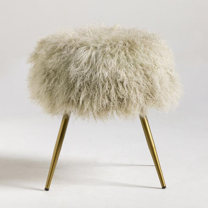 Mongolian Fur Stool - Light Grey Seat - Gold Pencil Leg | Where Saints Go