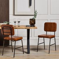 Castlefield Dining Chair - Brown Real Leather Seat - Black Base