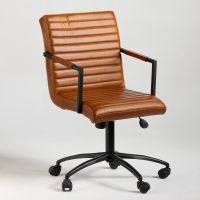 Tib Office Chair - Tan Real Leather Seat - Black Base with wheels