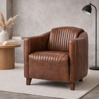 Piccadilly Armchair - Curved Brown Real Leather Seat - Wood Feet