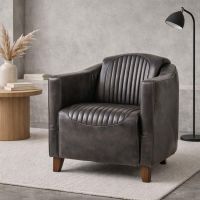 Piccadilly Armchair - Curved Antique Black Real Leather Seat - Wood Feet