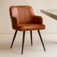Ancoats Dining Chair - Tan Leather Seat - Black Metal Base