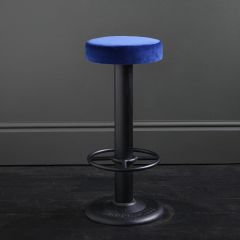 Pole Singer Bar Stool - Azure Blue Velvet - Cast Iron Base - 70 cm