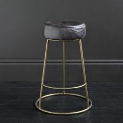 Wenlock 65 Antique Black Leather Round Bar Stool with Brass-Finished Pewter Frame and Footrest