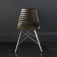 Gansevoort Chair Olive Green Ribbed Leather Seat with Nickel Cross Legs Base