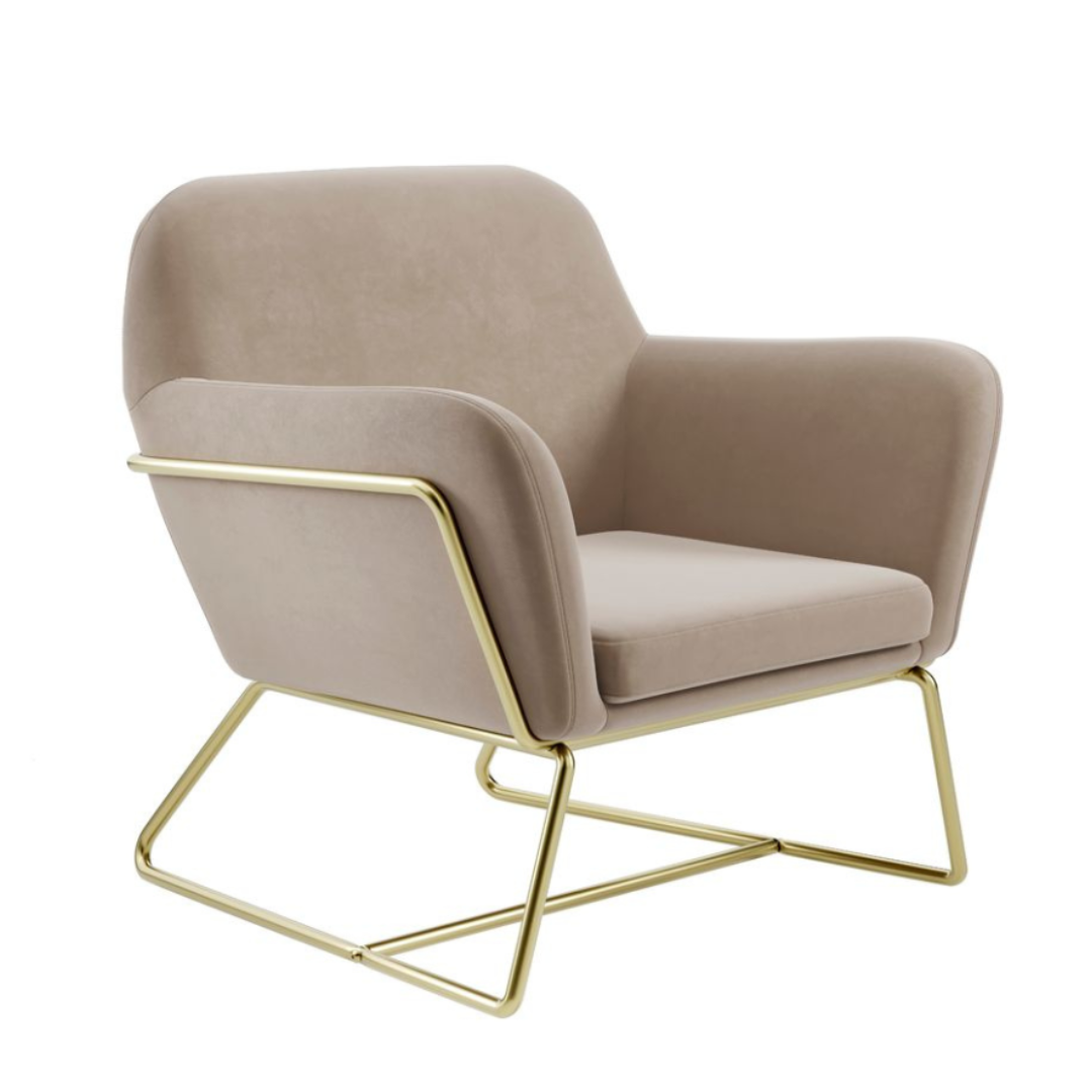 Troy Armchair - Beige Velvet Fabric Seat - Brushed Gold Metal Frame