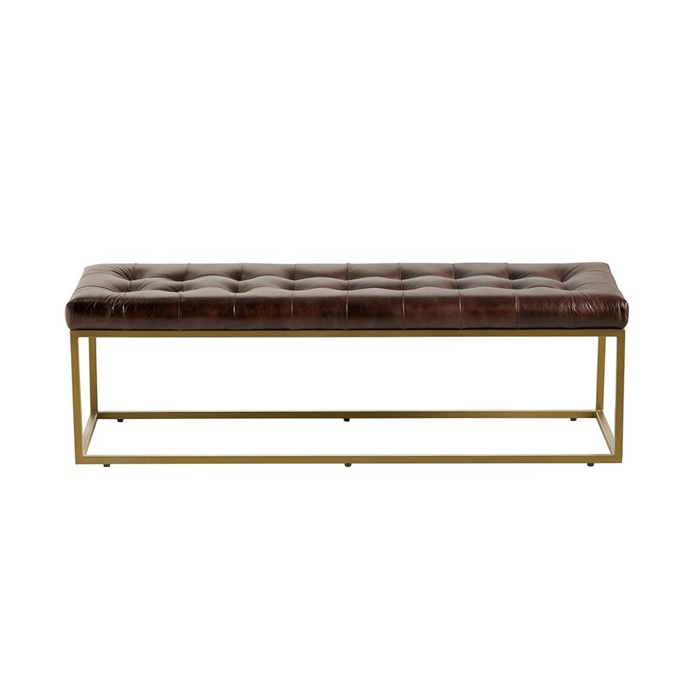 Oxford Ottoman - Dark Brown Real Leather Bench Seat - Brass Base - 140cm