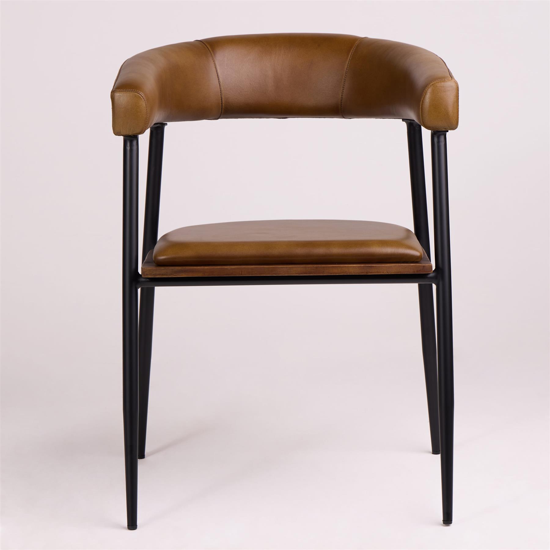 Captains Dining Chair - Olive Brown Leather Seat - Black Metal Base