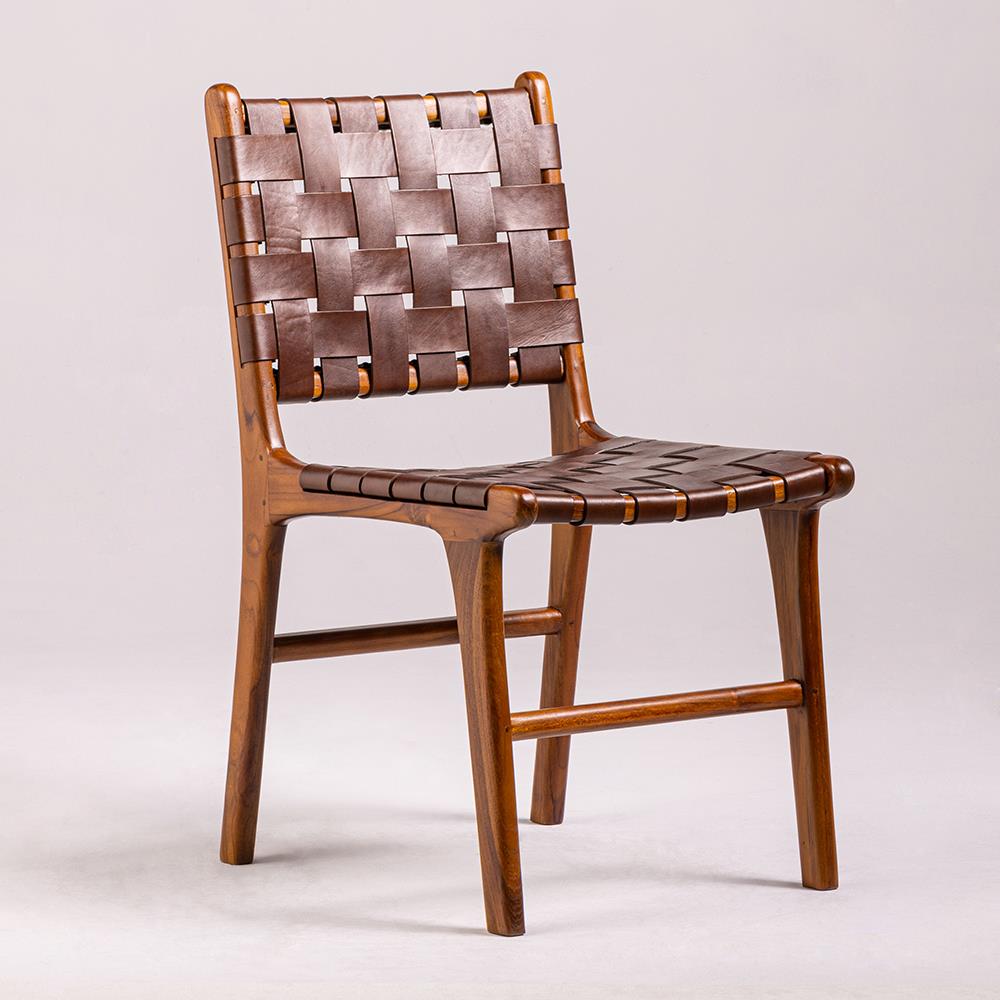 London Dining Chair - Brown Leather Woven Strap Seat - Teak Frame
