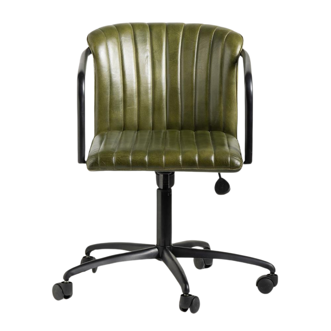 Afflecks Office Chair - Green Real Leather Seat - Black Base with Wheels