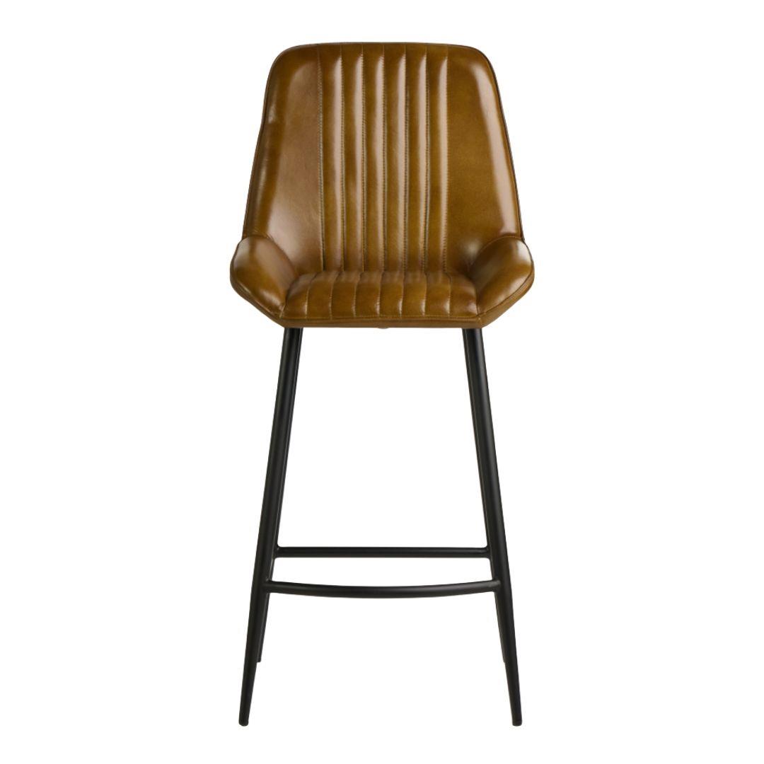 Brooklyn Bar Stool - Olive Brown Leather Seat - Black Metal Base - 66cm