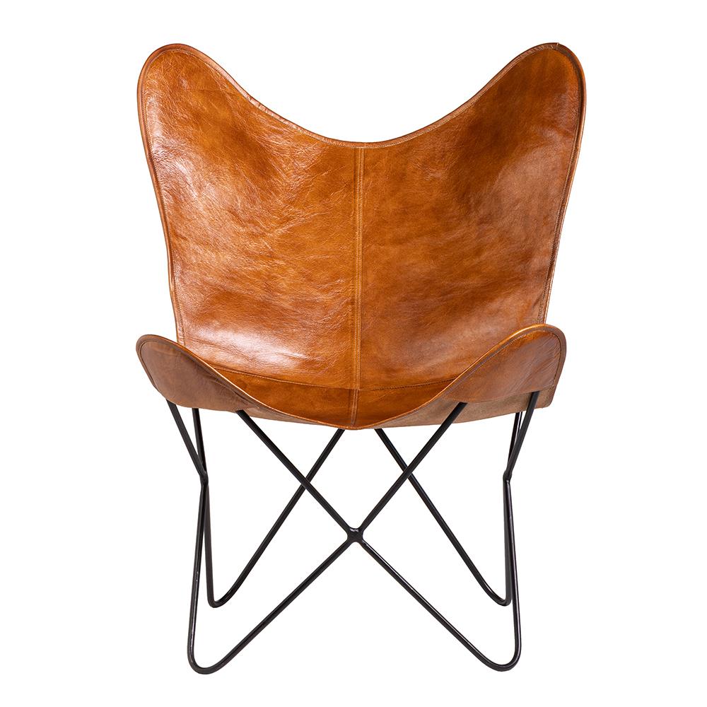 Butterfly Accent Chair - Tan Real Leather Seat - Black Base