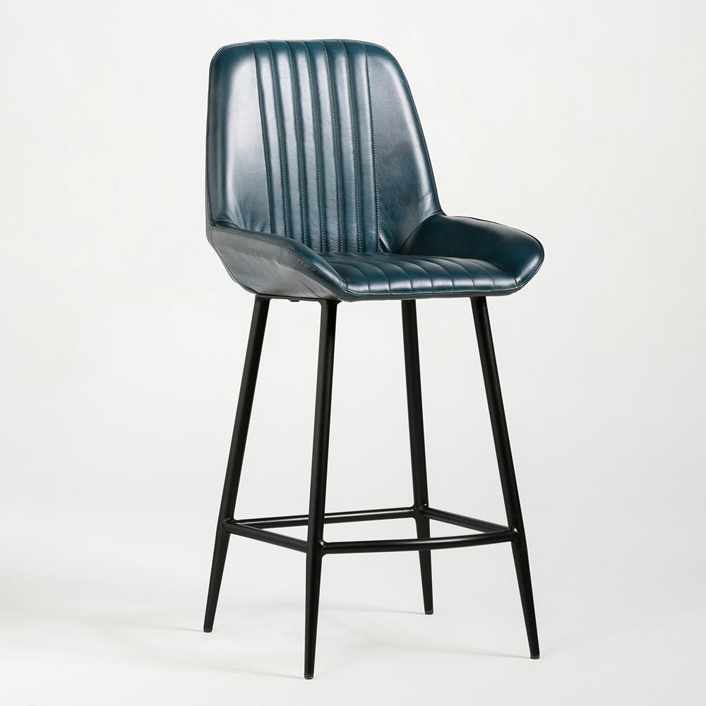 Brooklyn Bar Stool - Blue Leather Seat - Black Metal Base - 66 cm