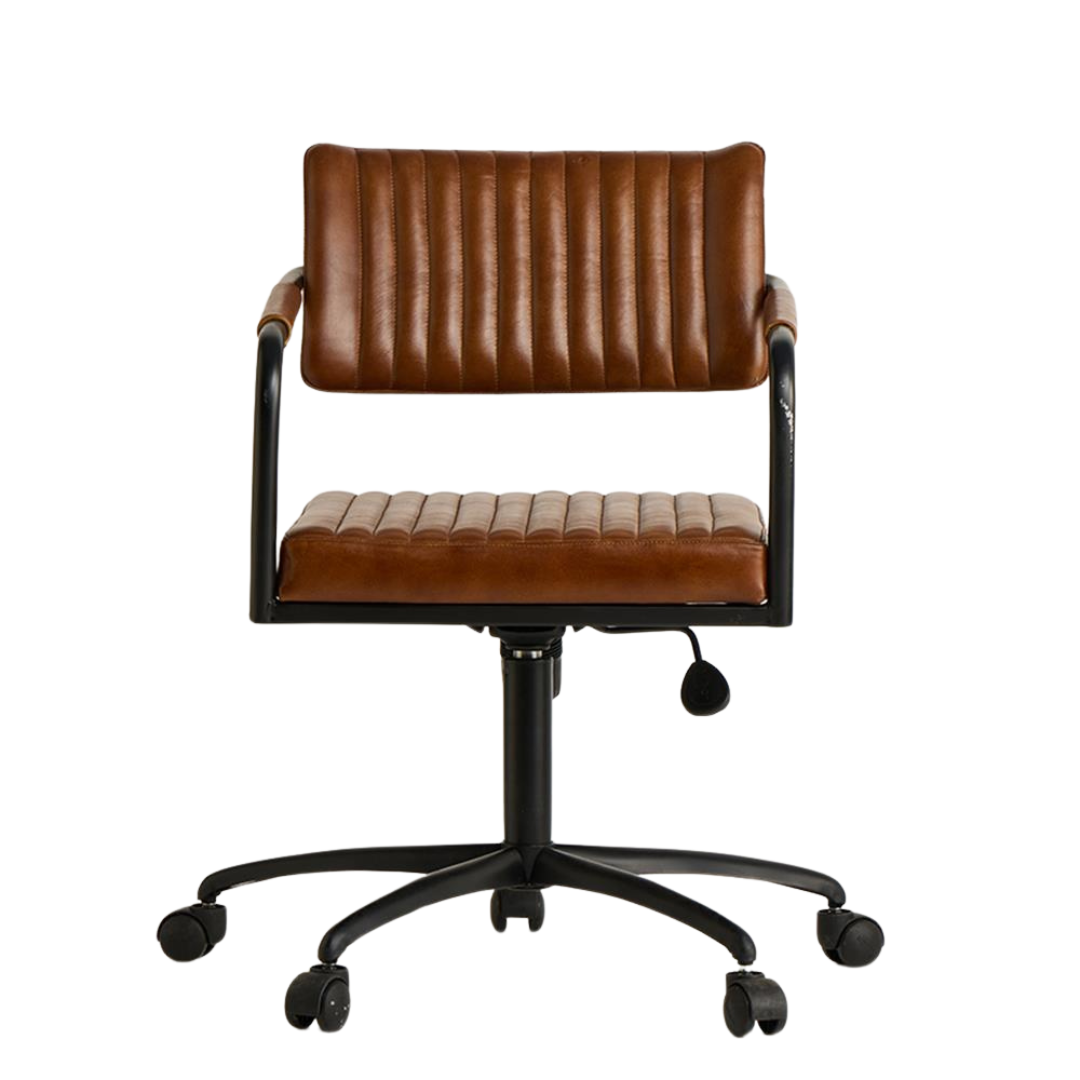 Oldham Office Chair - Brown Real Leather Seat - Black Base with wheels