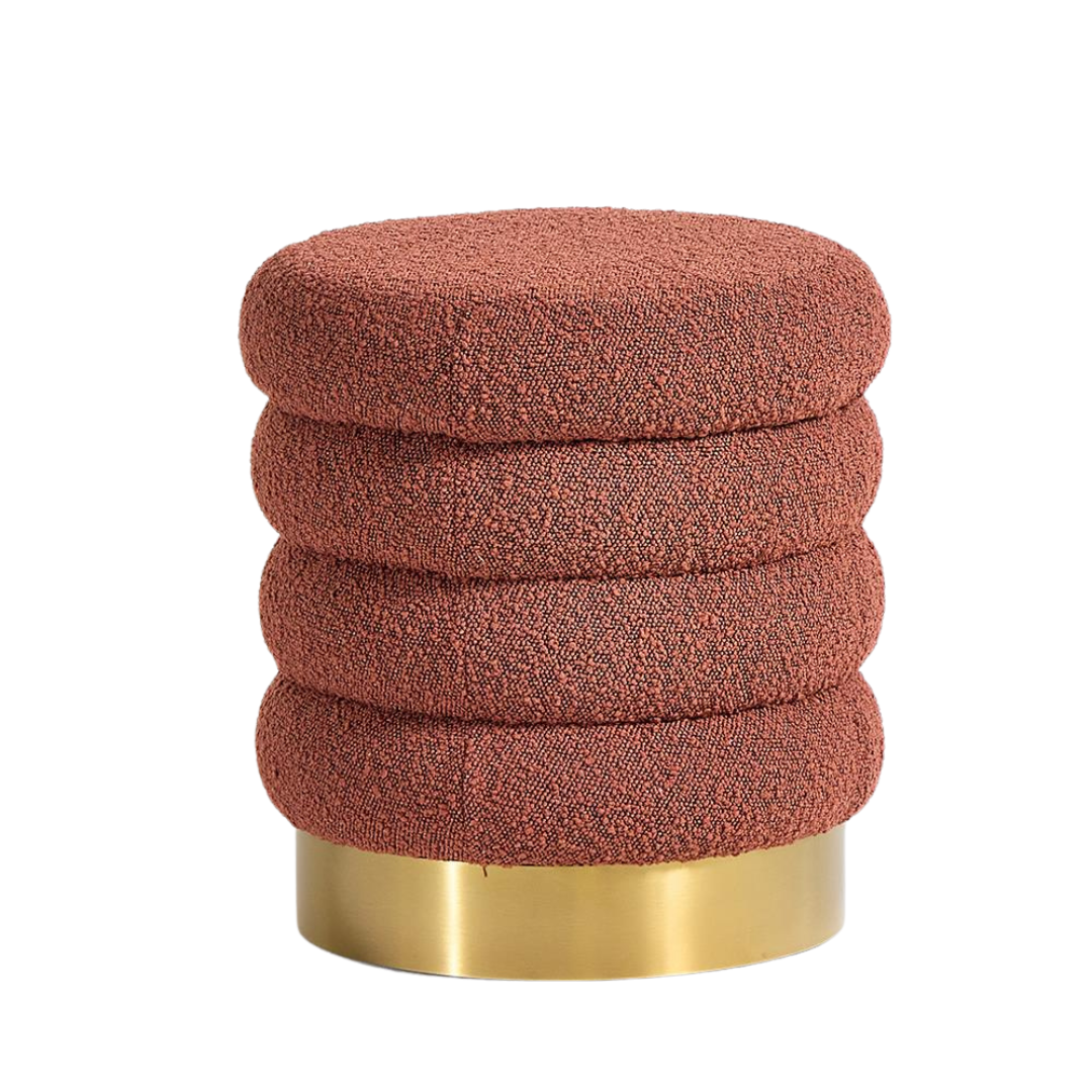 Eden Round Pouffe - Rust Boucle Pouf Seat - Gold Metal Base