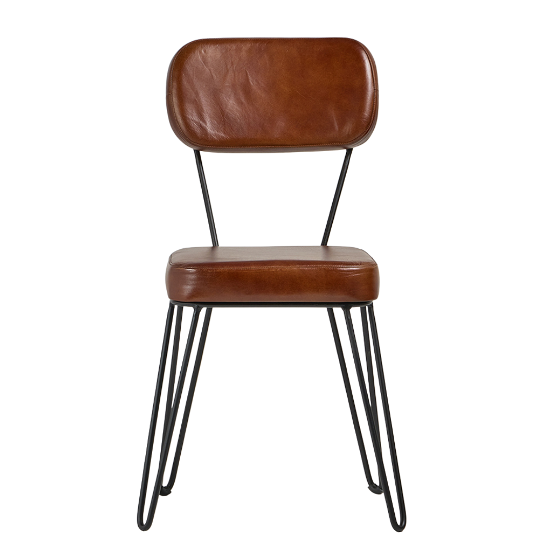 Hairpin Dining Chair - Brown Real Leather Seat - Black Base