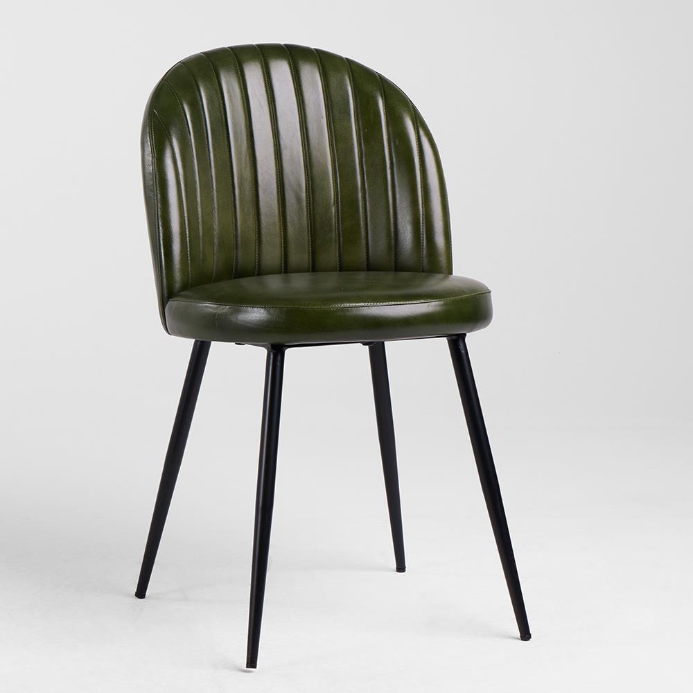 Ducie Dining Chair - Green Leather Seat - Matt Black Metal Base