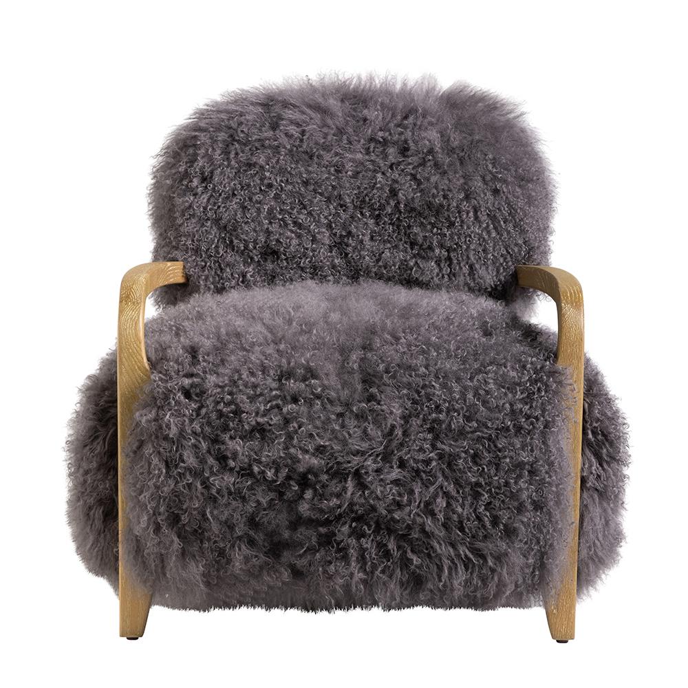 Eskimo Accent Chair - Long Real Sheepskin Fur - Dark Grey - Solid Oak Frame