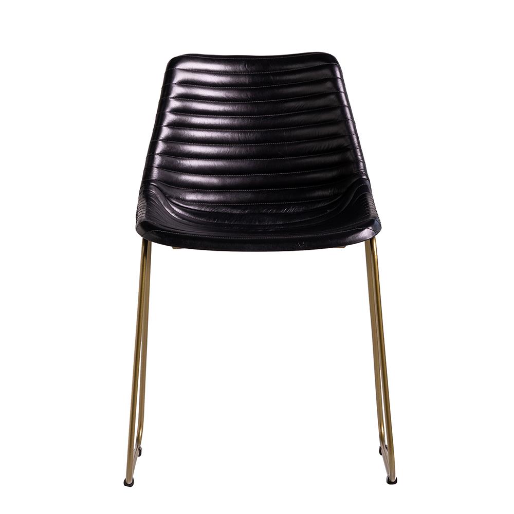 Deluxe RH Dining Chair - Black Ribbed Real Leather Seat - Gold Base