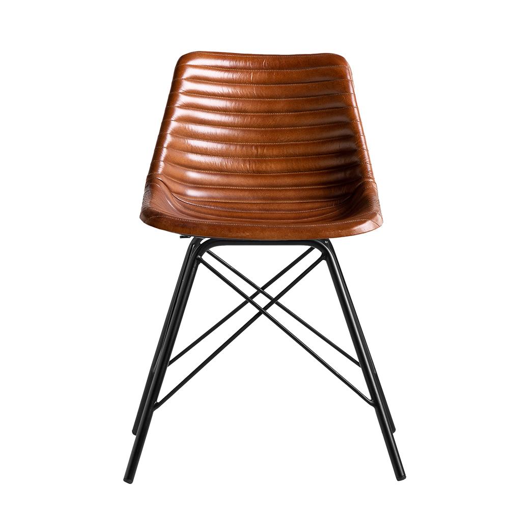 Cross Leg Dining Chair - Brown Ribbed Real Leather Seat - Black Base