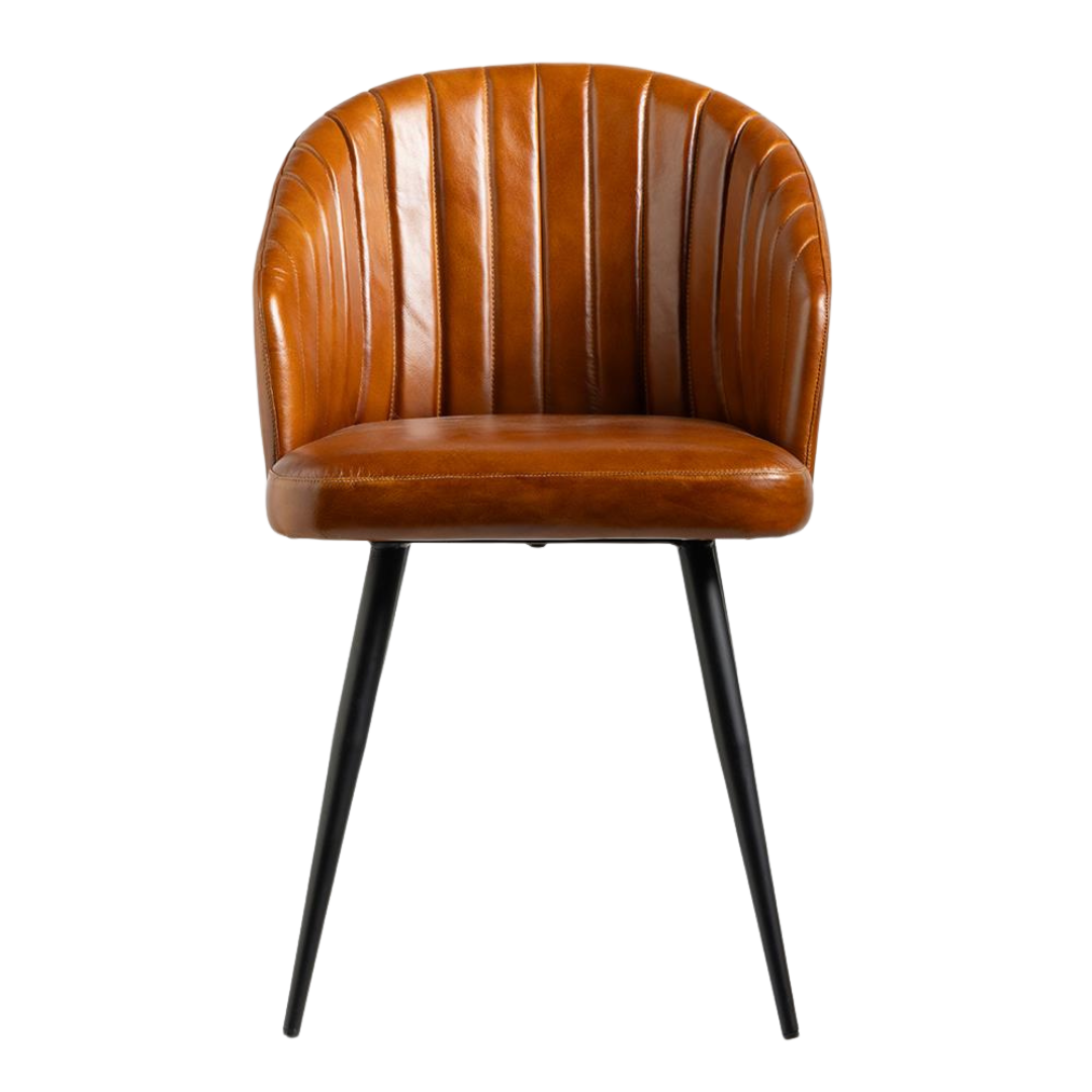 Wilson Dining Chair - Tan Real Leather Seat - Black Metal Base