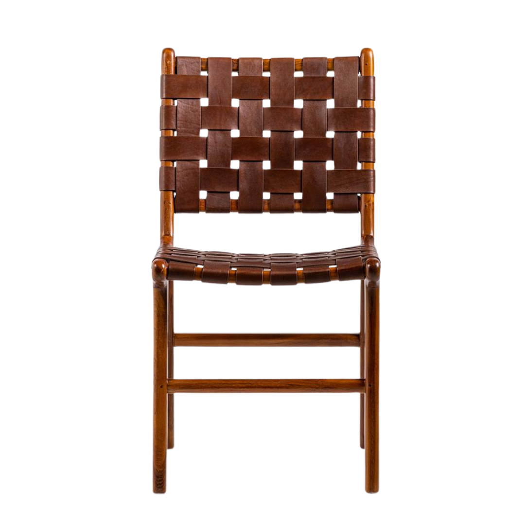 London Dining Chair - Brown Real Leather Strap Seat - Teak Frame