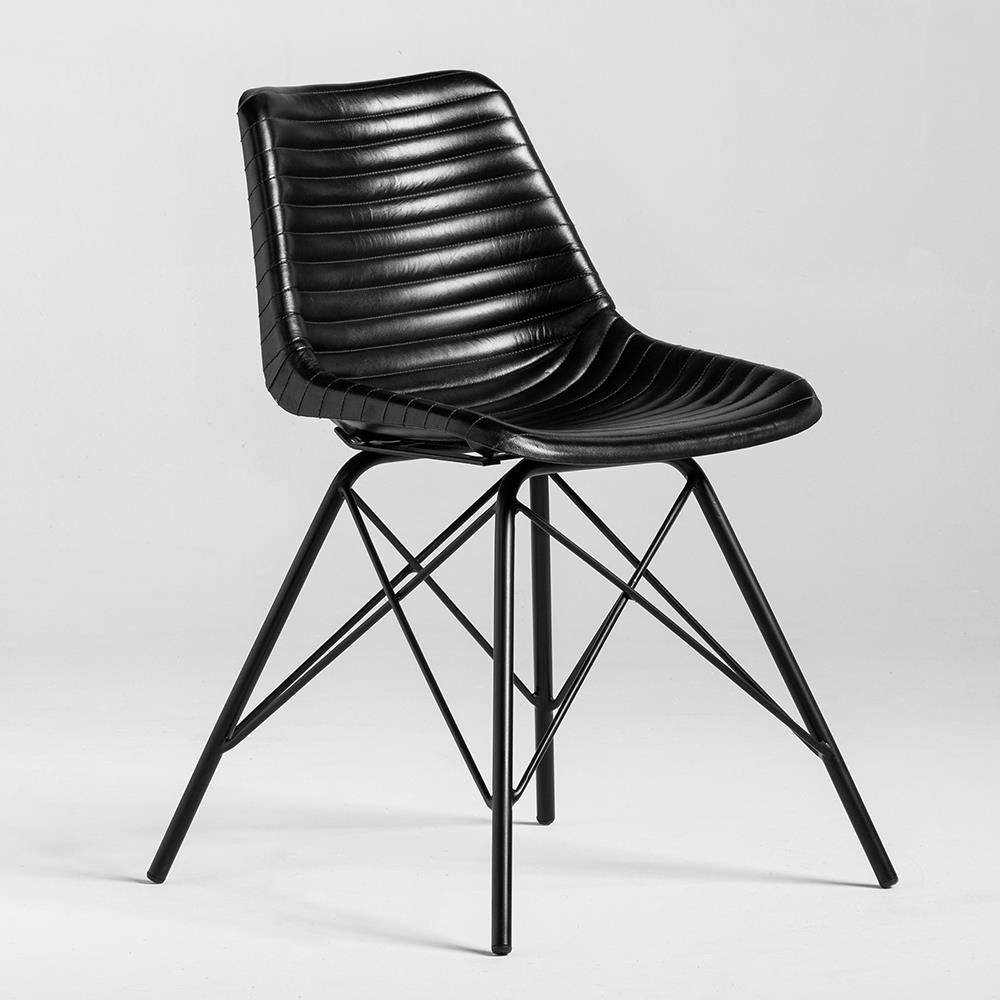 Cross Leg Dining Chair - Black Ribbed Leather Seat - Black Metal Base