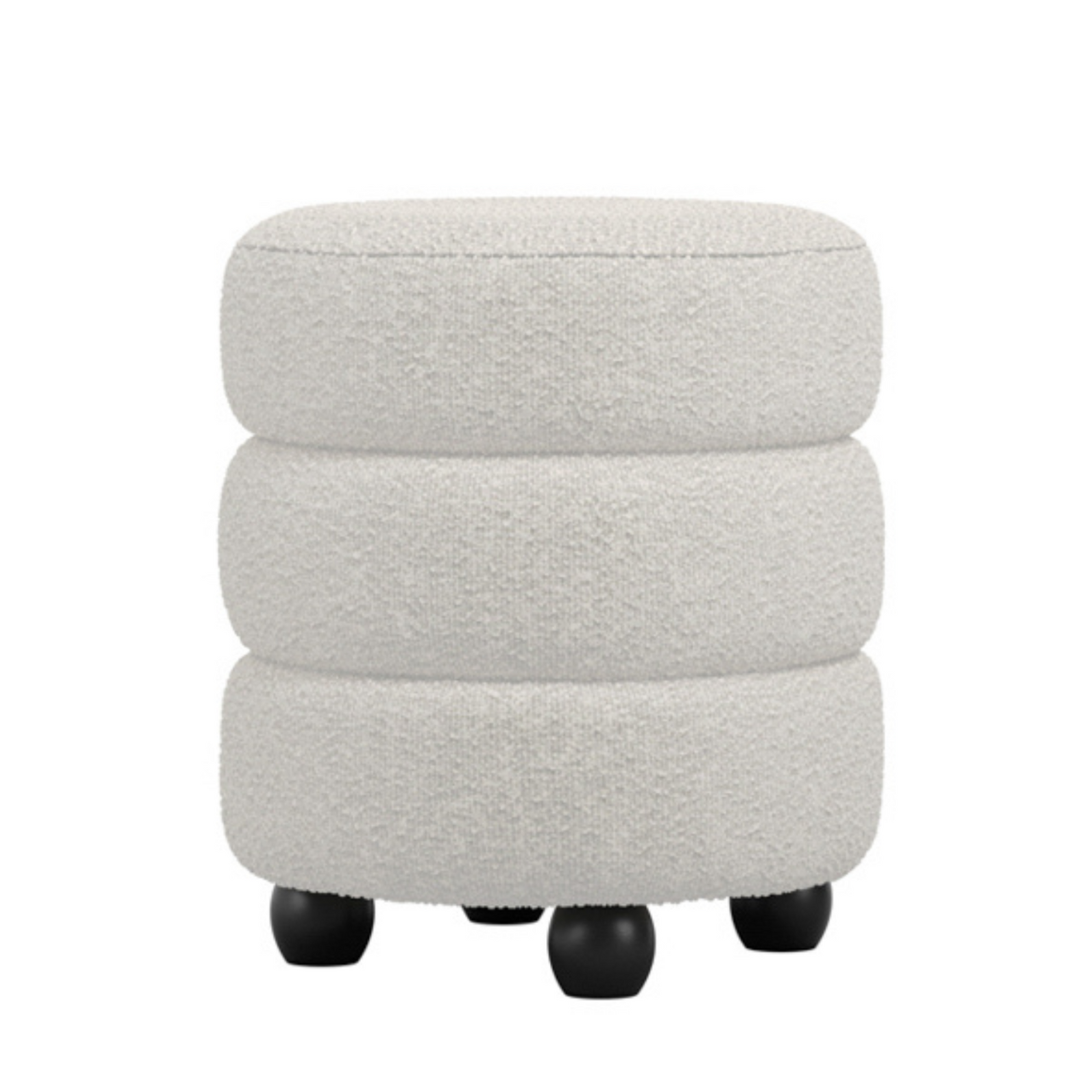 Marple Round Pouffe - Black Boucle Pouf Curved Seat - Black Pine Feet