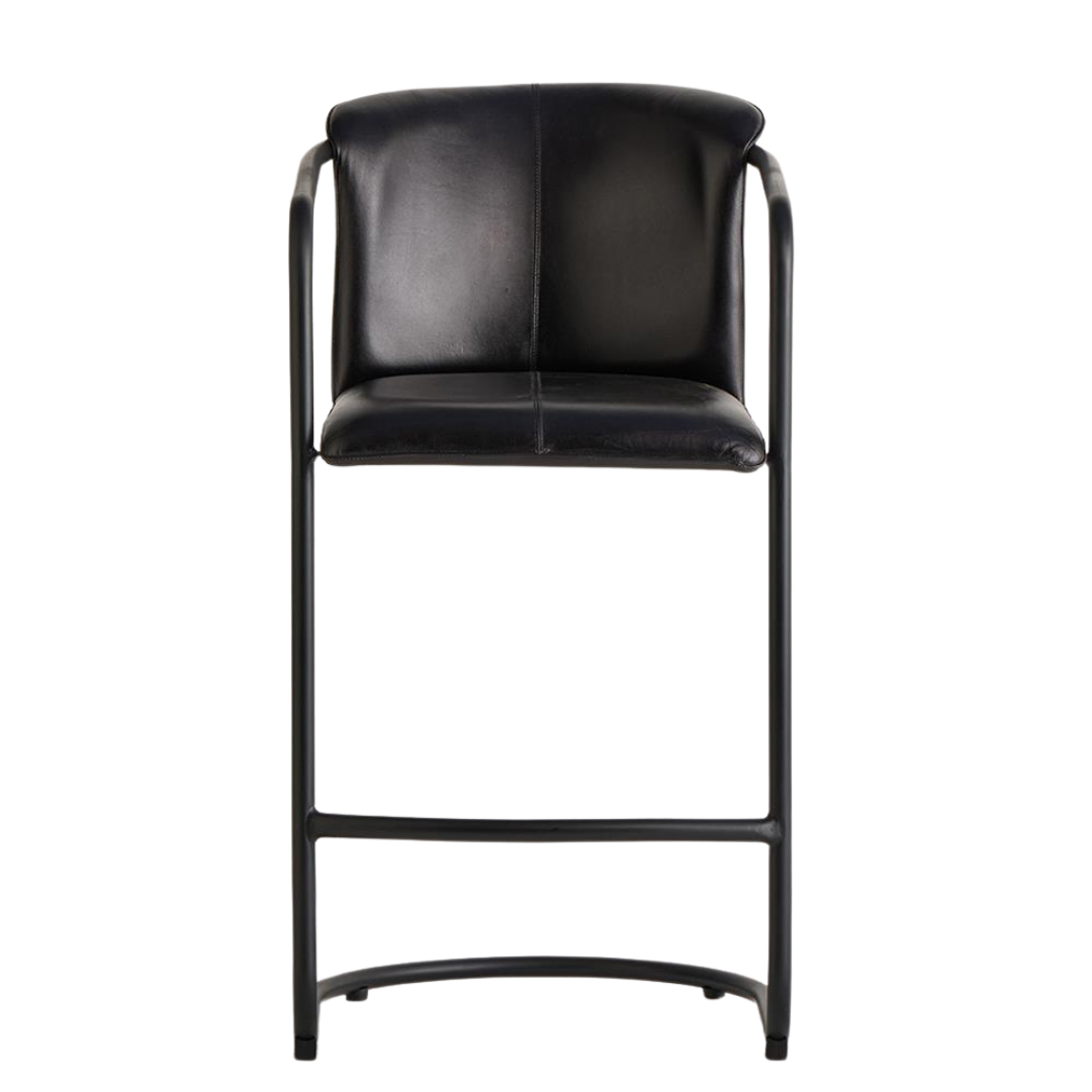 Deansgate Bar Stool - Black Real Leather Seat - Black Base - 66cm