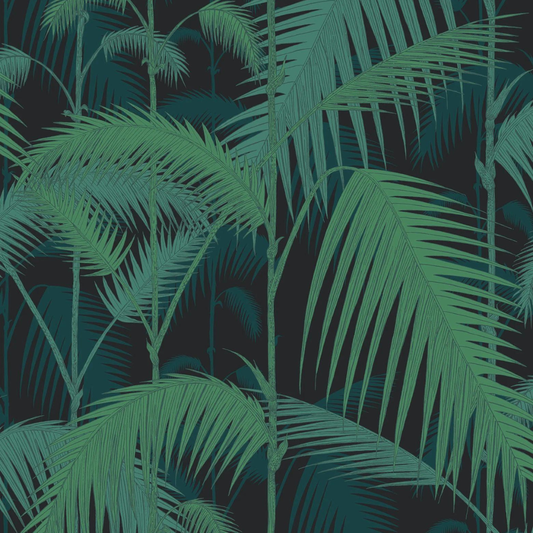 Cole & Son Wallpaper - Palm Jungle Grey - Viridian on Charcoal