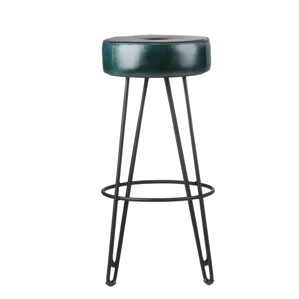 Toby Bar Stool - Blue Real Leather Round Seat - Black Base - 76cm