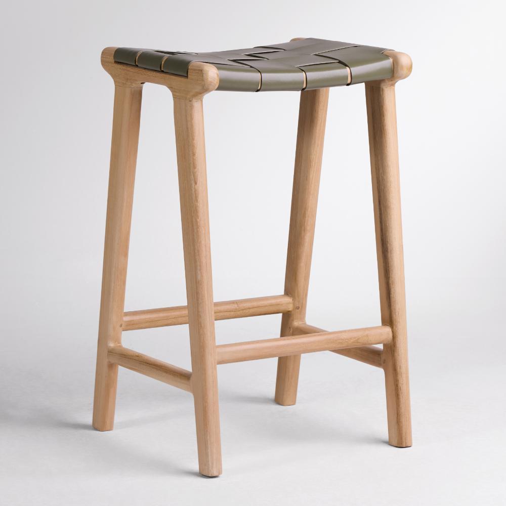 London Backless Bar Stool - Green Leather Seat - Teak Frame - 66cm