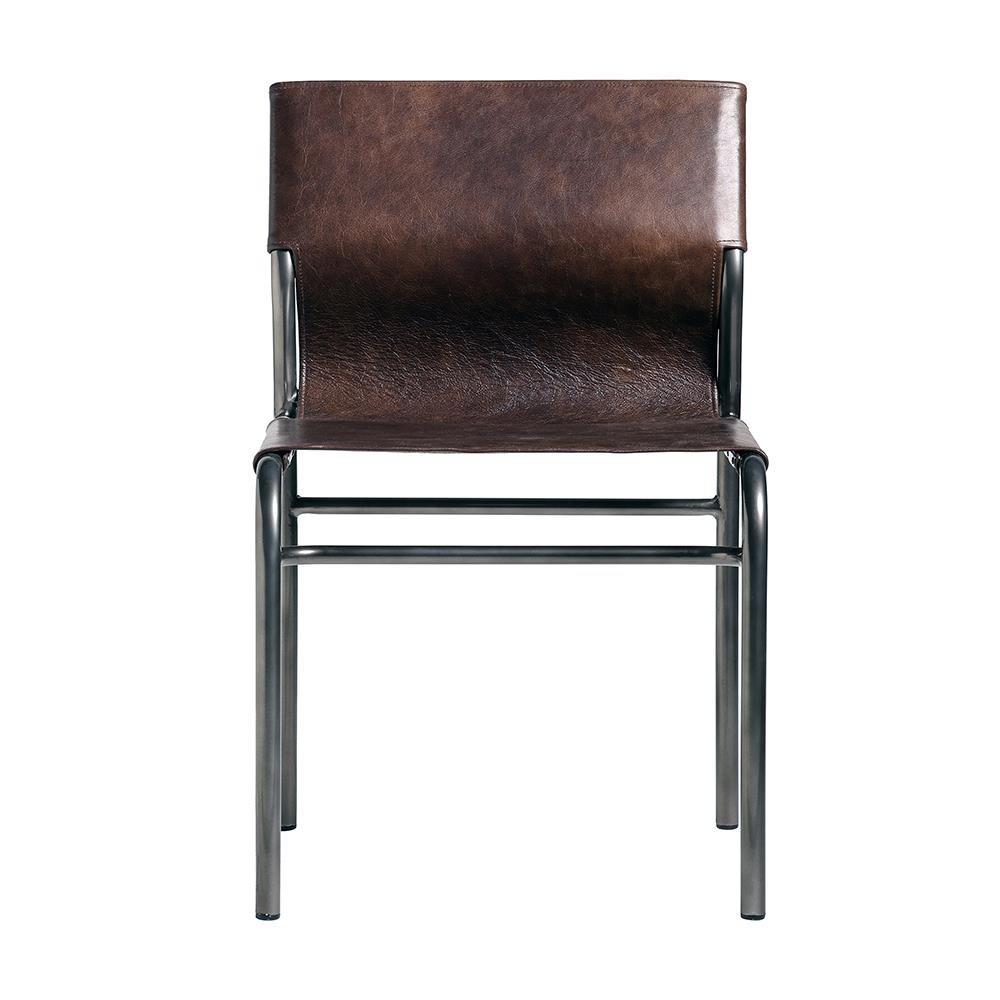 Maverick Dining Chair - Brown Real Leather Sling Seat - Black Base