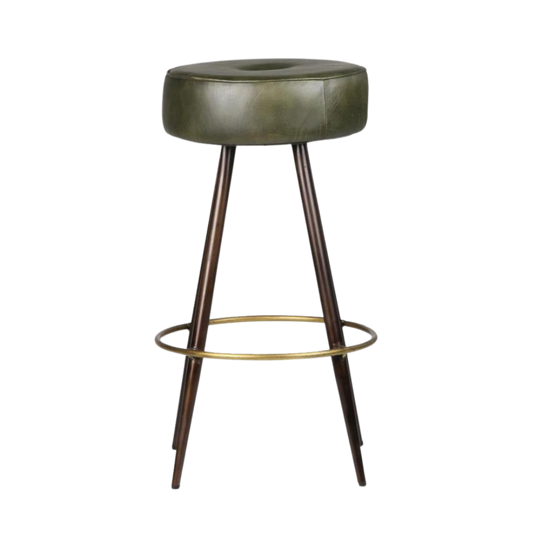 Crompton Bar Stool - Green Round Leather Seat - Pewter & Brass Base - 66cm