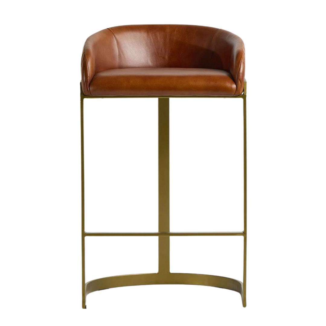 Spinningfields Bar Stool - Brown Real Leather Seat - Gold Base - 75cm