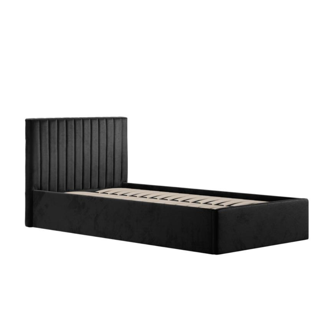 Luna Ottoman Storage Single Bed - Soft Black Velvet Upholstered Frame