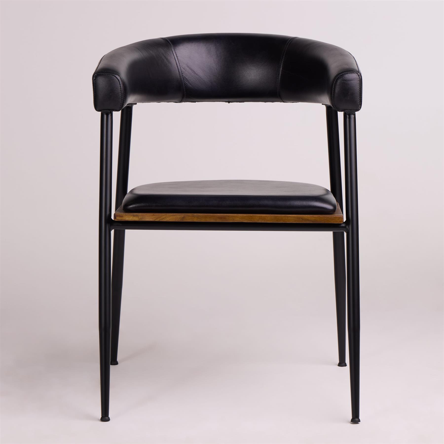 Captains Dining Chair - Black Leather Seat - Black Metal Base