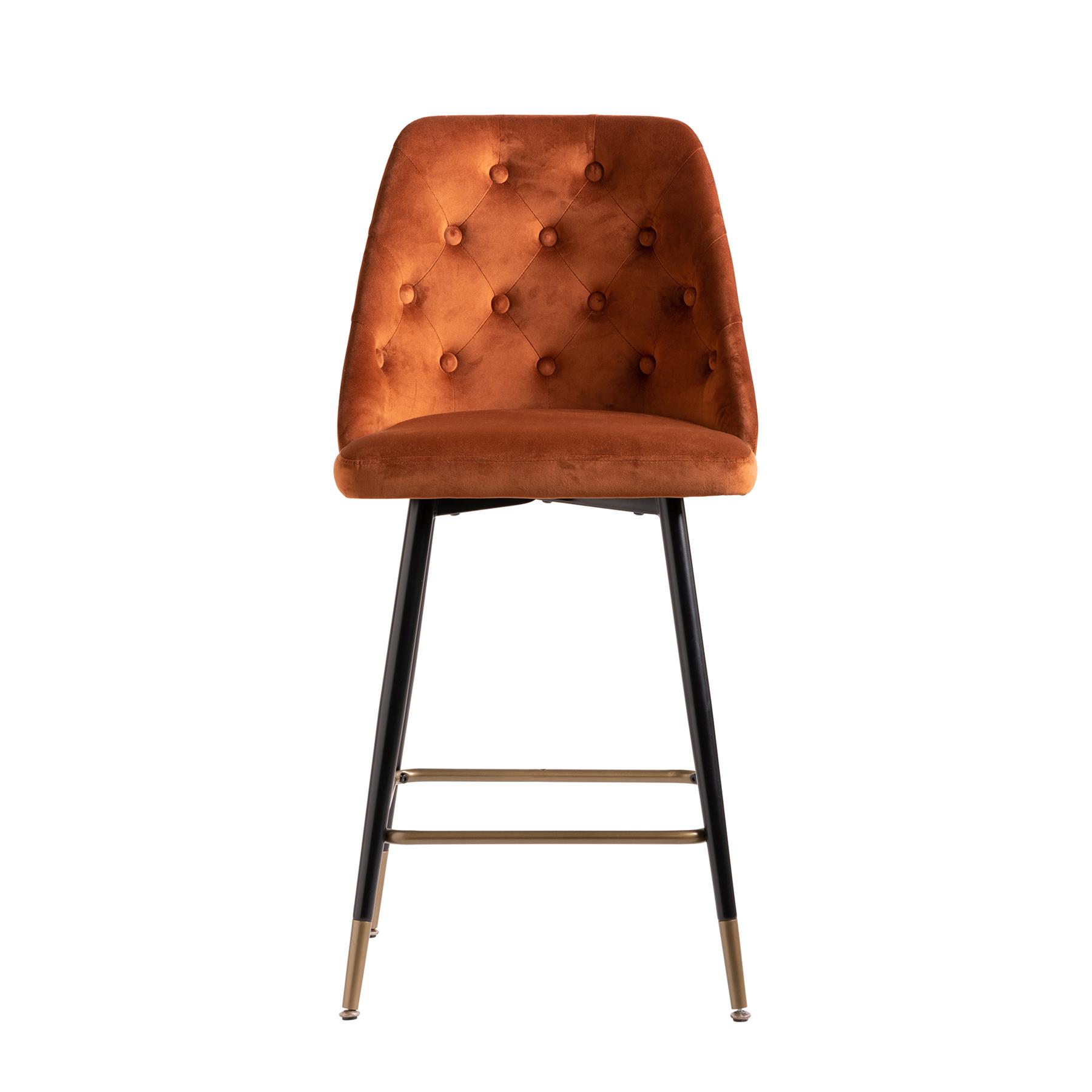 Belgravia Bar Stool - Velvet Rust Orange Seat - Black & Brass Metal Legs - 66cm